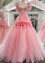 Pink A-Line Off The Shoulder Lace Tulle Long Prom Dresses, Sweet 16 Dresses