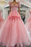 Pink A-Line Off The Shoulder Lace Tulle Long Prom Dresses, Sweet 16 Dresses