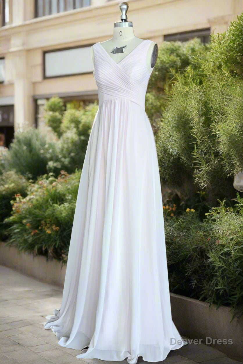 Pink A-Line Pleated V Neck Long Chiffon Bridesmaid Dresses Main image