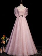 Pink A Line Puffy Sleeves Tulle Long Prom Dress, Pink Sweet 16 Dresses