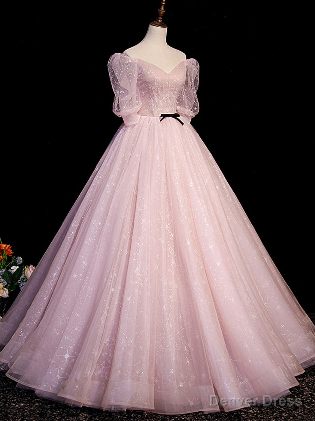 Pink A Line Puffy Sleeves Tulle Long Prom Dress, Pink Sweet 16 Dresses