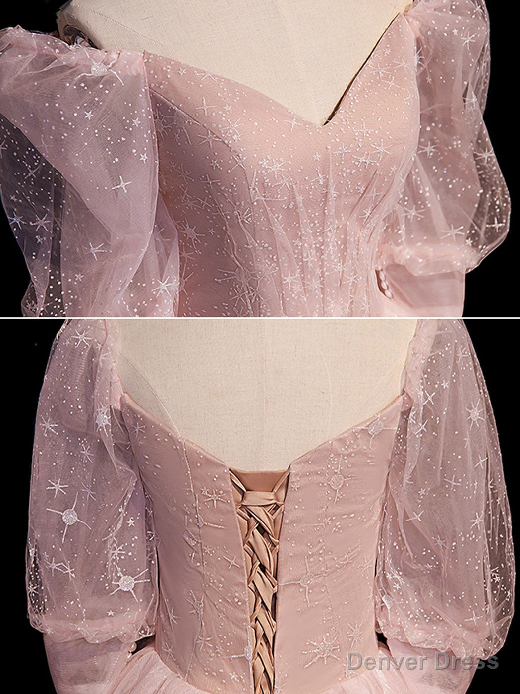 Pink A Line Puffy Sleeves Tulle Long Prom Dress, Pink Sweet 16 Dresses