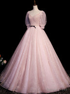 Pink A Line Puffy Sleeves Tulle Long Prom Dress, Pink Sweet 16 Dresses