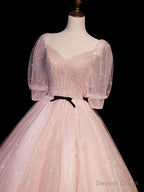 Pink A Line Puffy Sleeves Tulle Long Prom Dress, Pink Sweet 16 Dresses