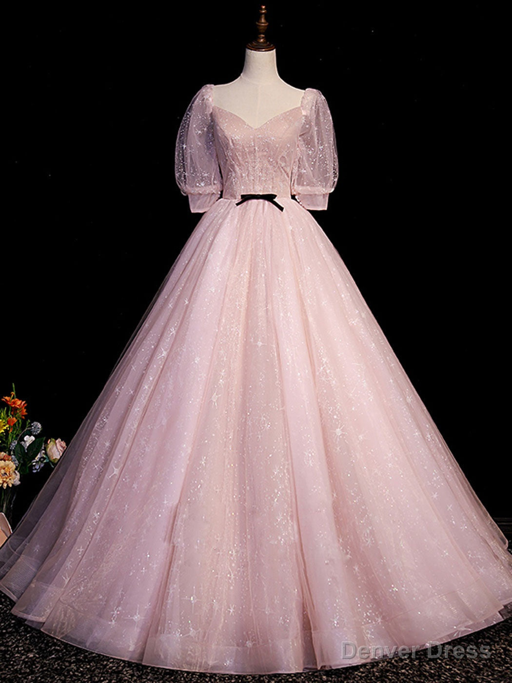 Pink A Line Puffy Sleeves Tulle Long Prom Dress, Pink Sweet 16 Dresses