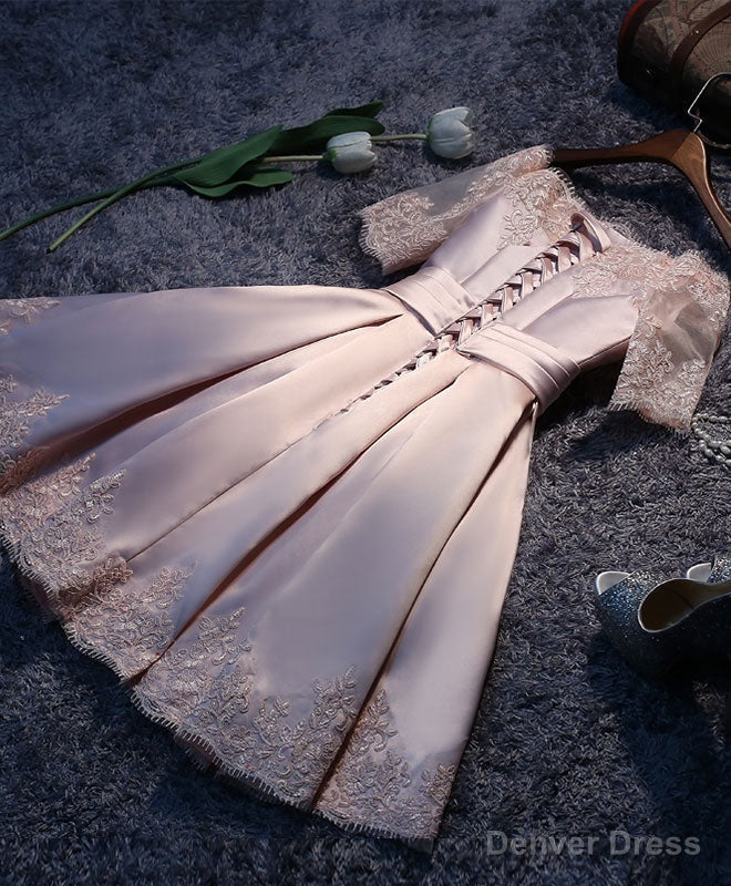 Pink A Line Satin Lace Short Prom Dress, Pink Homecoming Dress Secondary image