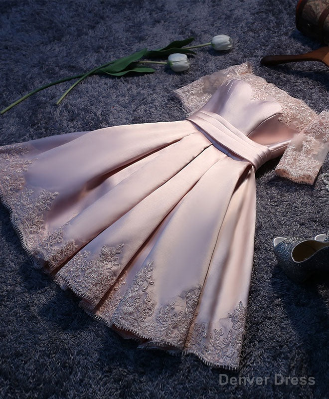 Pink A Line Satin Lace Short Prom Dress, Pink Homecoming Dresses Main image