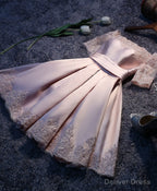 Pink A Line Satin Lace Short Prom Dress, Pink Homecoming Dresses