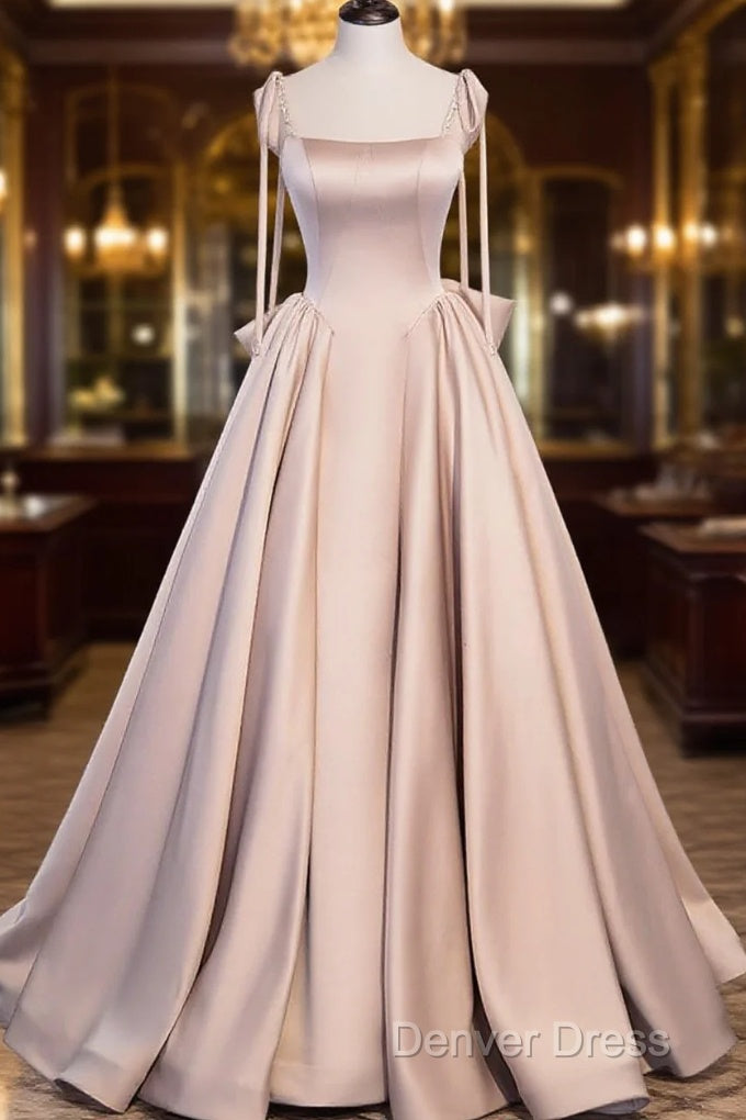 Pink A Line Satin Long Prom Dresses Formal Evening Dresses Main image