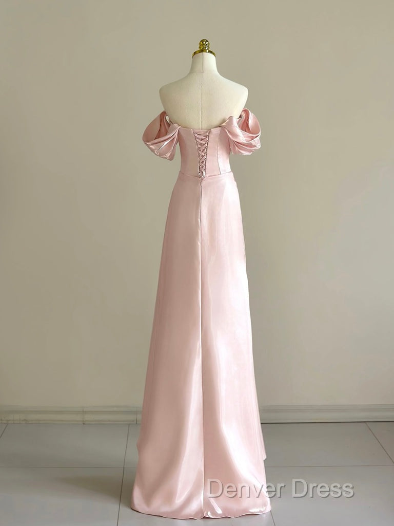 Pink A-Line Satin Long Prom Dresses, Off Shoulder Pink Long Evening Dresses Secondary image