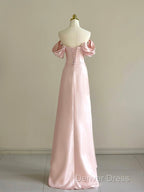 Pink A-Line Satin Long Prom Dresses, Off Shoulder Pink Long Evening Dresses