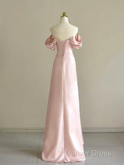Pink A-Line Satin Long Prom Dresses, Off Shoulder Pink Long Evening Dresses