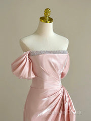 Pink A-Line Satin Long Prom Dresses, Off Shoulder Pink Long Evening Dresses