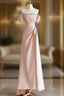 Pink A-Line Satin Long Prom Dresses, Off Shoulder Pink Long Evening Dresses