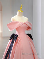 Pink A Line Satin Off Shoulder Long Prom Dress, Pink Prom Dresses