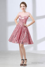 Pink A Line Sequined Short Homecoming Dresses