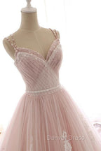 Pink A Line Spaghetti Strap Tulle Beaded Long Prom Dresses Sweet Applique Wedding Dresses