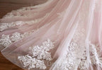 Pink A Line Spaghetti Strap Tulle Beaded Long Prom Dress Sweet Applique Wedding Dresses