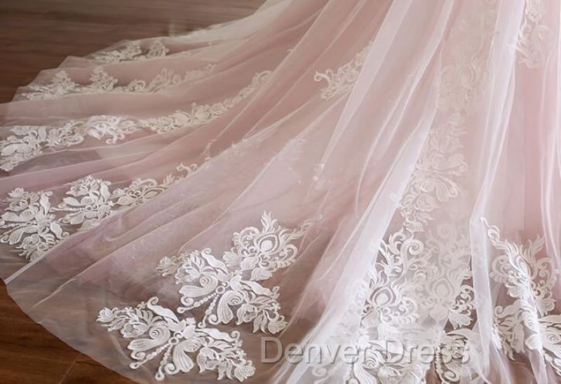 Pink A Line Spaghetti Strap Tulle Beaded Long Prom Dresses Sweet Applique Wedding Dresses