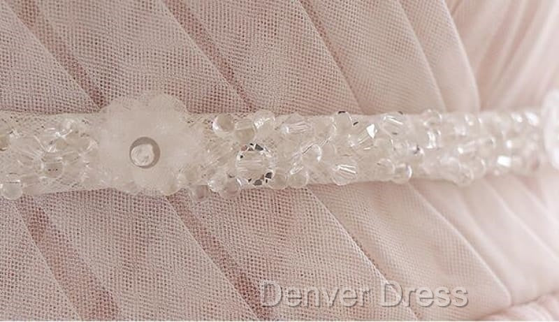 Pink A Line Spaghetti Strap Tulle Beaded Long Prom Dresses Sweet Applique Wedding Dresses