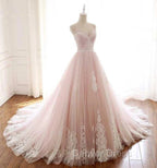 Pink A Line Spaghetti Strap Tulle Beaded Long Prom Dress Sweet Applique Wedding Dresses