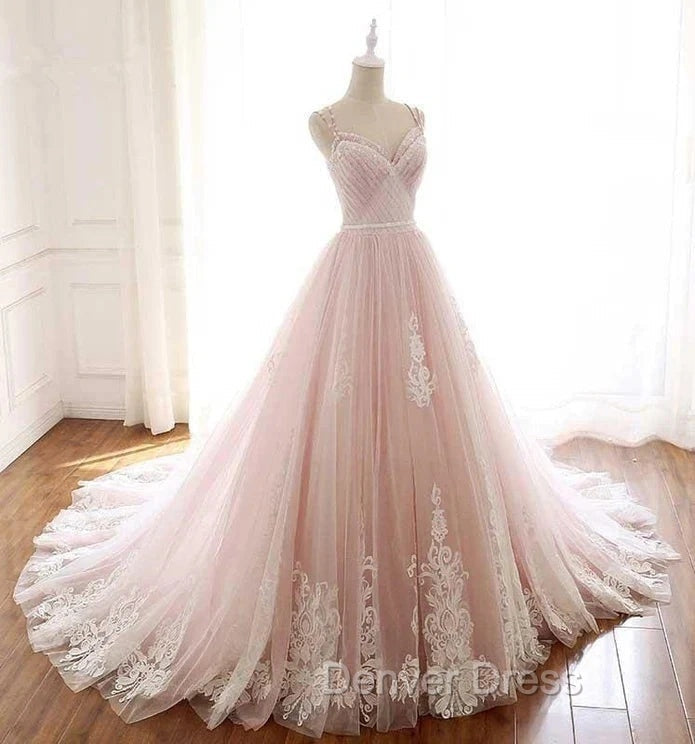 Pink A Line Spaghetti Strap Tulle Beaded Long Prom Dress Sweet Applique Wedding Dresses
