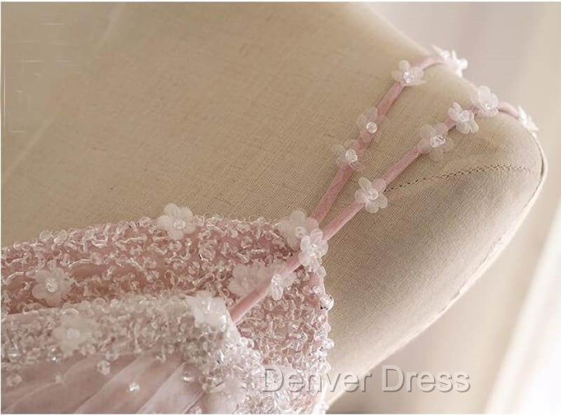 Pink A Line Spaghetti Strap Tulle Beaded Long Prom Dresses Sweet Applique Wedding Dresses