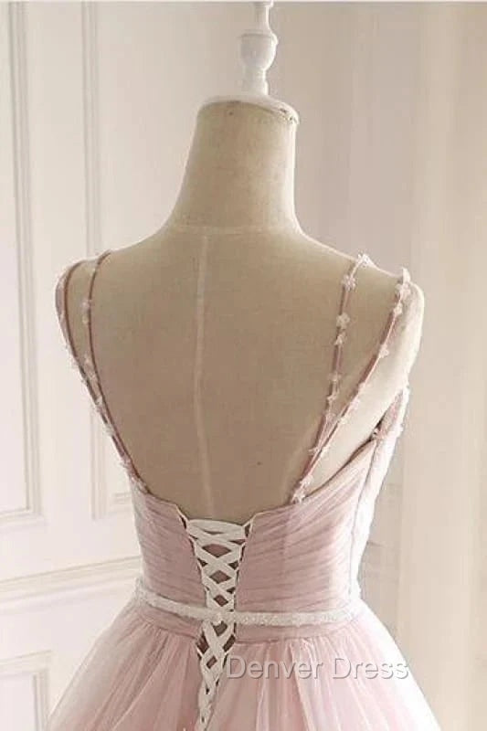 Pink A Line Spaghetti Strap Tulle Beaded Long Prom Dress Sweet Applique Wedding Dresses
