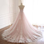 Pink A Line Spaghetti Strap Tulle Beaded Long Prom Dresses Sweet Applique Wedding Dresses