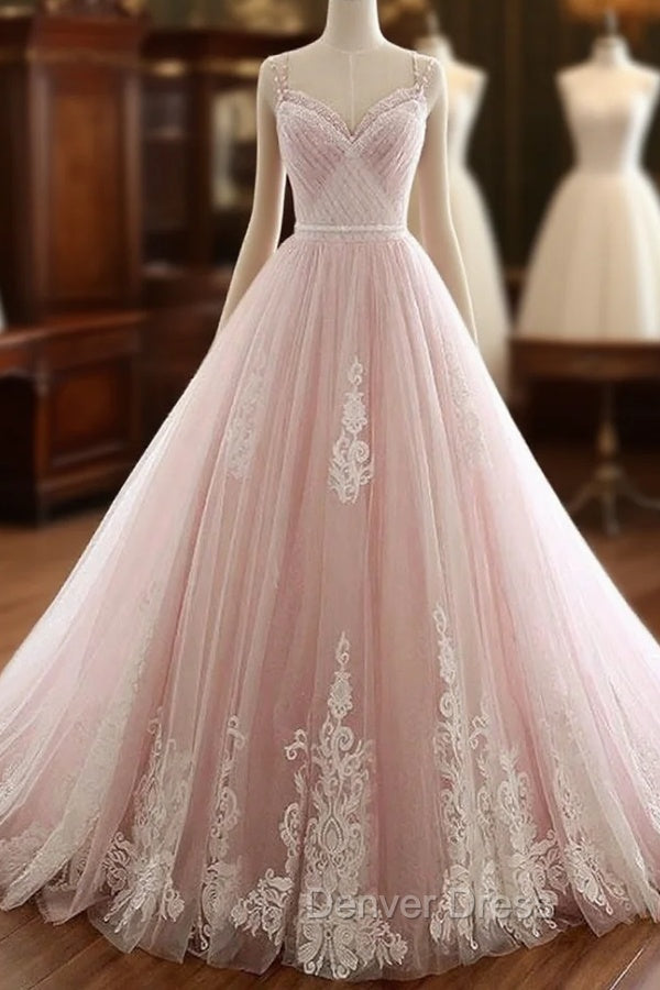 Pink A Line Spaghetti Strap Tulle Beaded Long Prom Dresses Sweet Applique Wedding Dresses