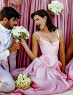Pink A Line Spaghetti Straps Appliques Satin Long Prom Dress