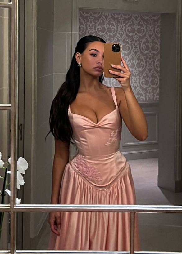 Pink A Line Spaghetti Straps Appliques Satin Long Prom Dress