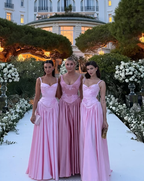 Pink A Line Spaghetti Straps Appliques Satin Long Prom Dress