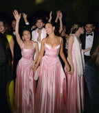 Pink A Line Spaghetti Straps Appliques Satin Long Prom Dress