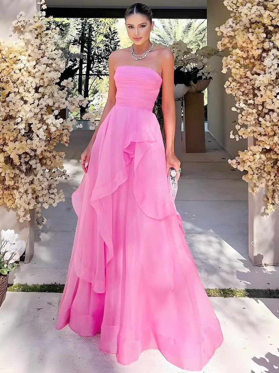 Pink A Line Strapless Organza Prom Dres