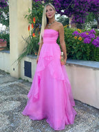 Pink A Line Strapless Organza Prom Dres