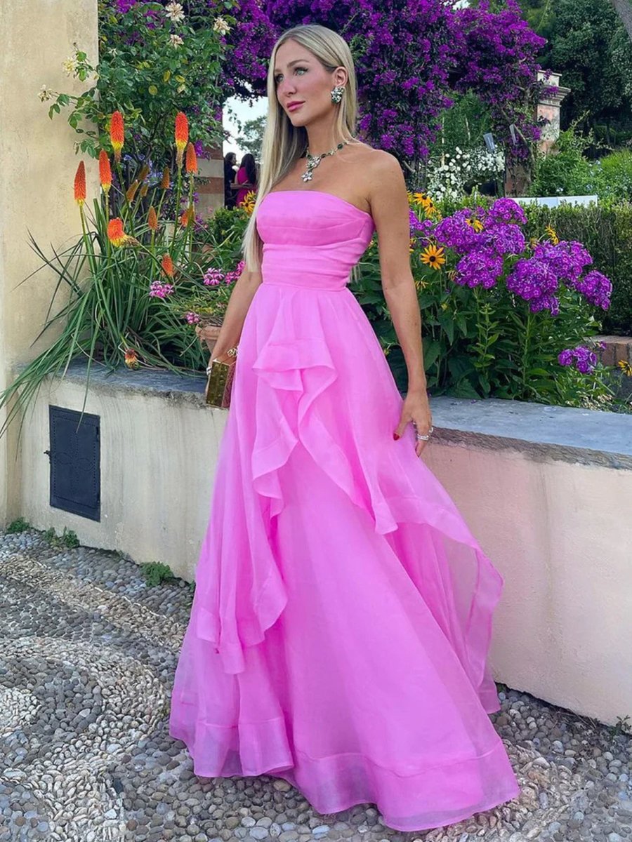 Pink A Line Strapless Organza Prom Dres