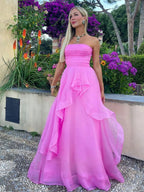 Pink A Line Strapless Organza Prom Dres