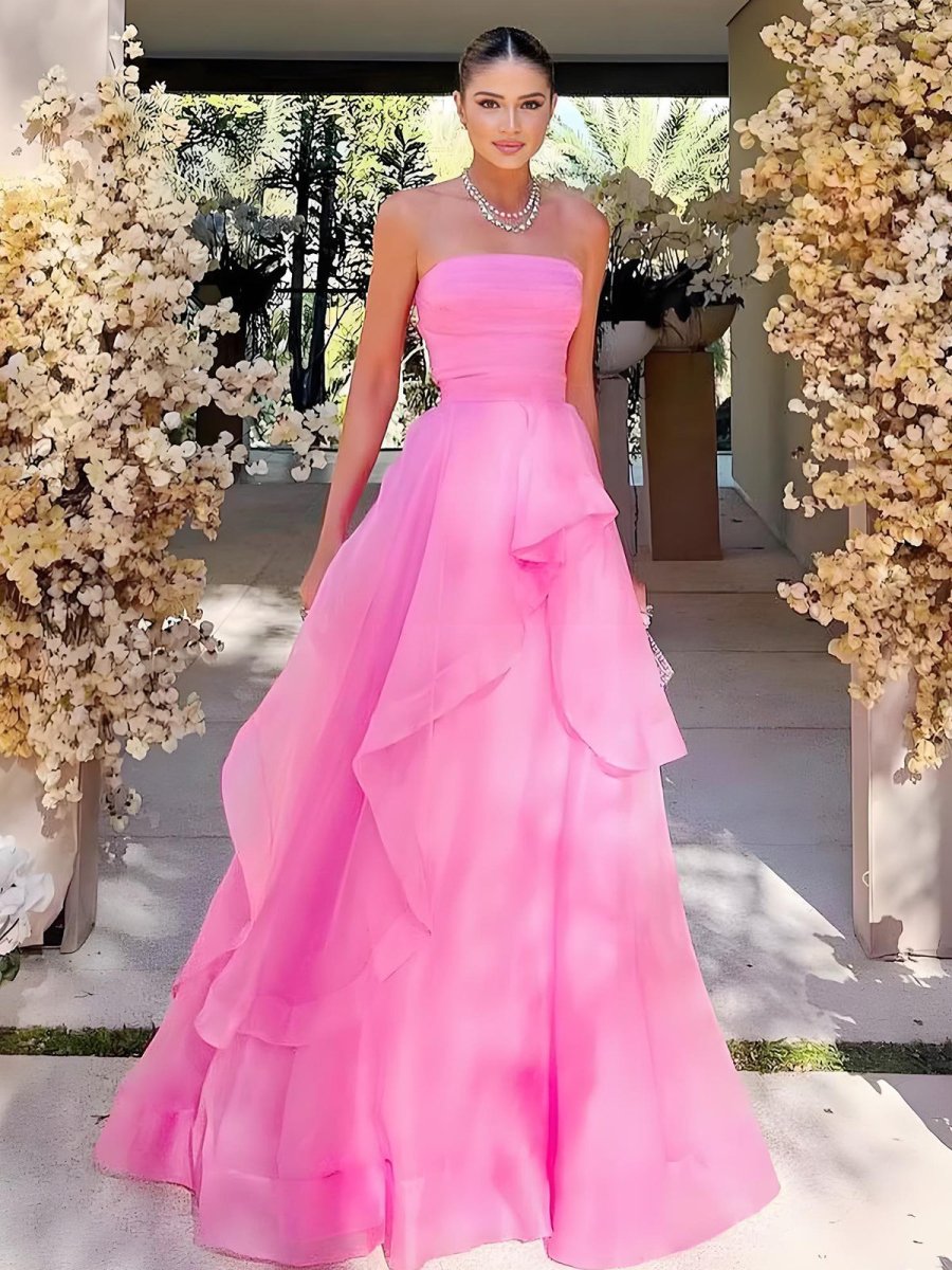 Pink A Line Strapless Organza Prom Dres