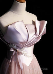 Pink A-Line Strapless Satin Tulle Long Prom Dresses Graduation Prom Birthday Dresses