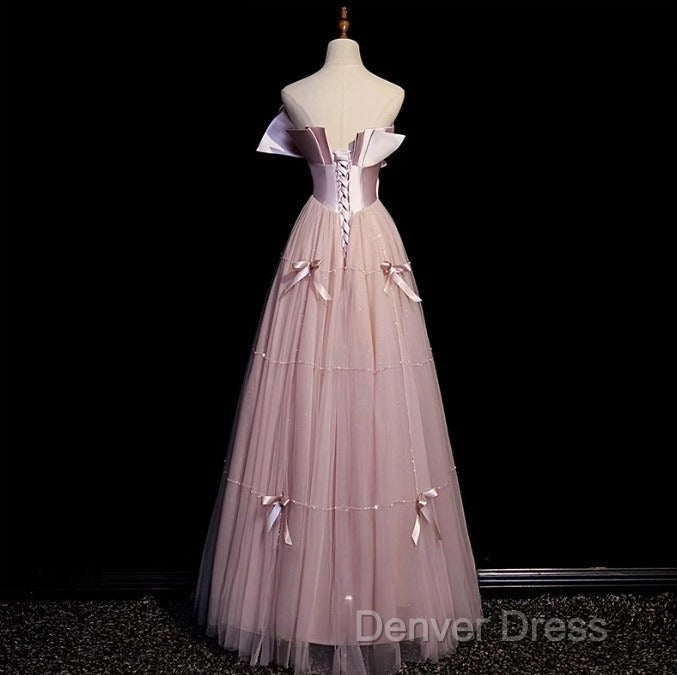 Pink A-Line Strapless Satin Tulle Long Prom Dresses Graduation Prom Birthday Dresses