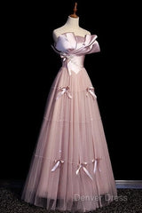 Pink A-Line Strapless Satin Tulle Long Prom Dresses Graduation Prom Birthday Dresses