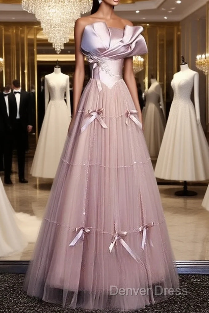 Pink A-Line Strapless Satin Tulle Long Prom Dresses Graduation Prom Birthday Dresses Main image