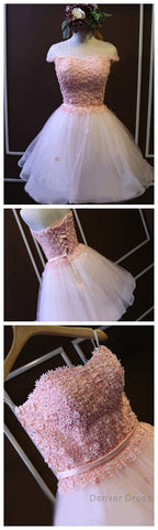 Pink A-Line Strapless Sweetheart Lace Beads Flower Appliques Lace Up Back Tulle Above Knee Length Homecoming Dresses