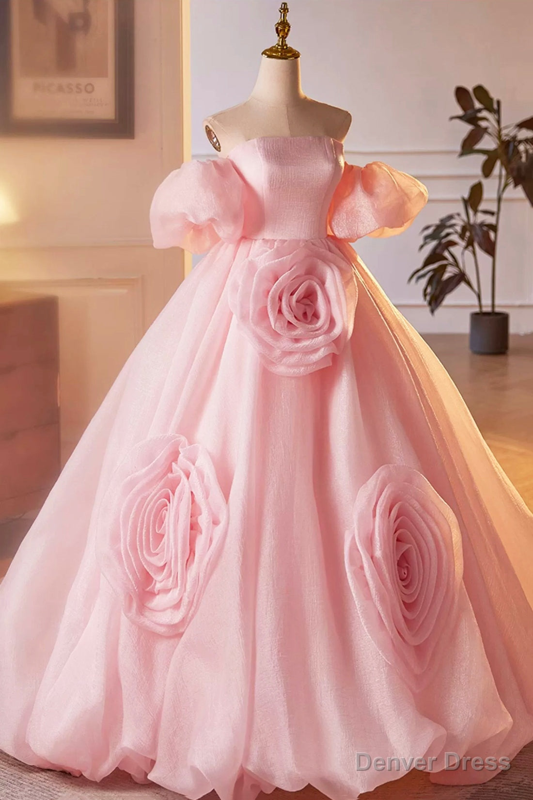 Pink A-Line Sweetheart Ball Gown Formal Dress with Flowers, Off the Shoulder Evening Party Dress Main image
