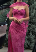 Pink A Line Sweetheart Neck Beaded Lace Prom Dress With Slit