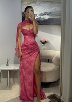 Pink A Line Sweetheart Neck Beaded Lace Prom Dress With Slit