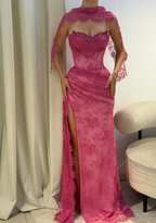 Pink A Line Sweetheart Neck Beaded Lace Prom Dress With Slit
