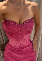 Pink A Line Sweetheart Neck Beaded Lace Prom Dress With Slit