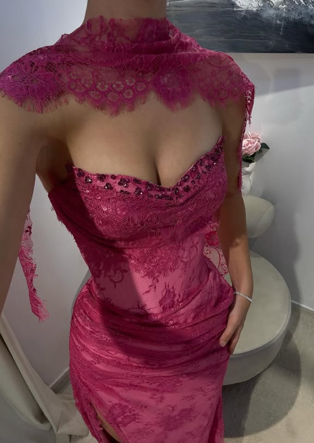 Pink A Line Sweetheart Neck Beaded Lace Prom Dress With Slit